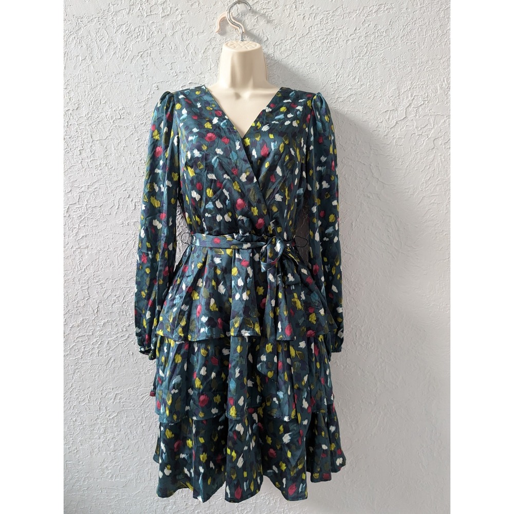 Nicole Miller Mini Dress Womens XS Blue Green Paint Swatch Tiered Eclectic